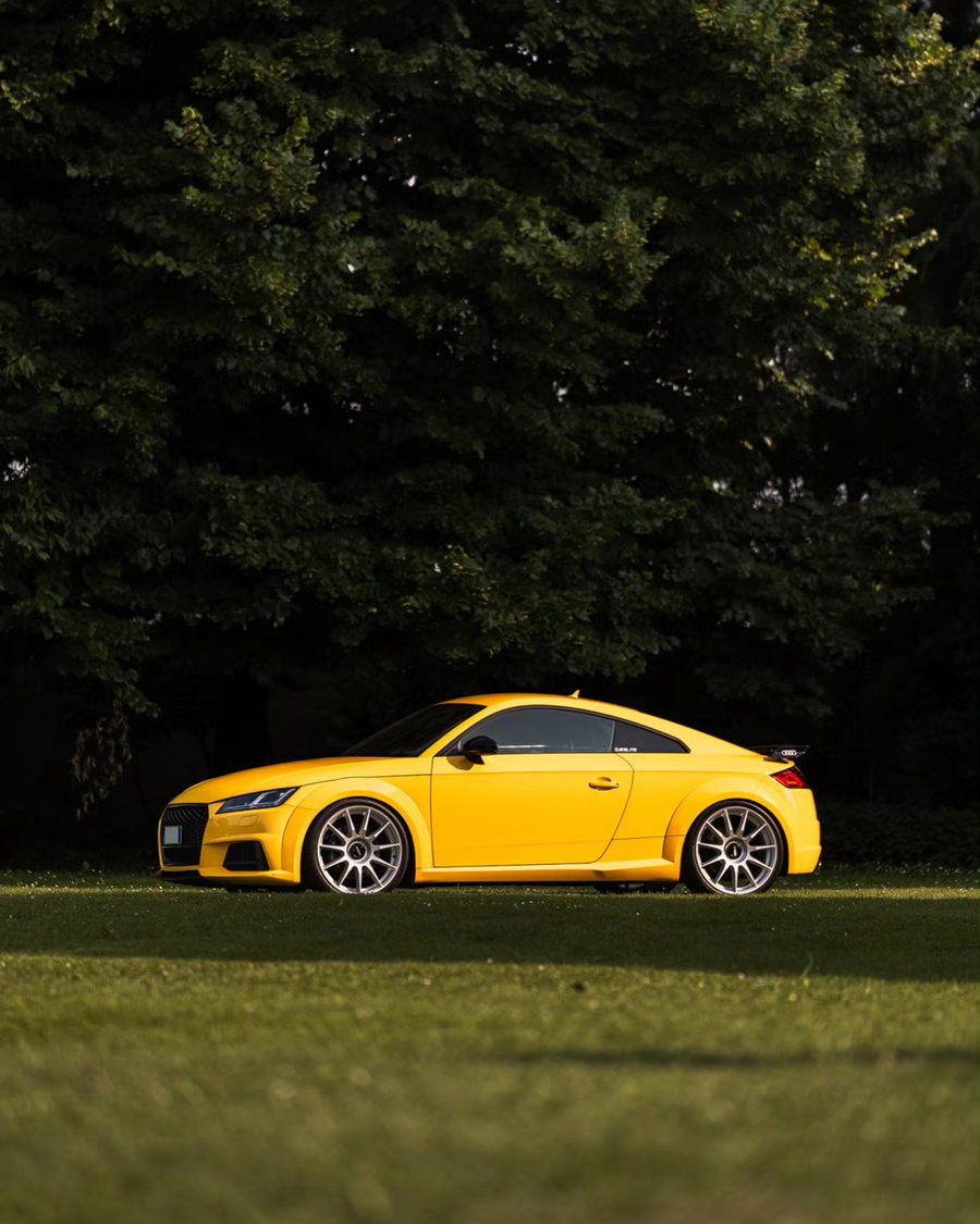 Un'Audi TT gialla sul prato, davanti agli alberi