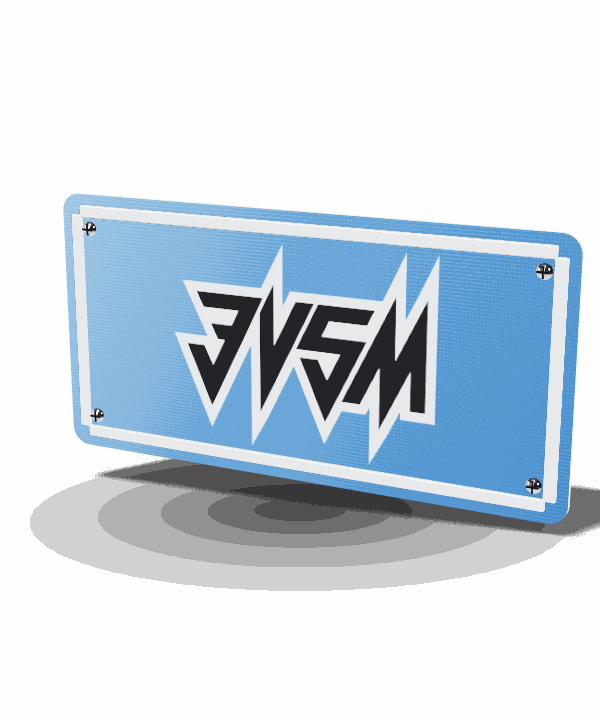 Una targa blu in alluminio con il bordo bianco, le viti e il logo 3VSM