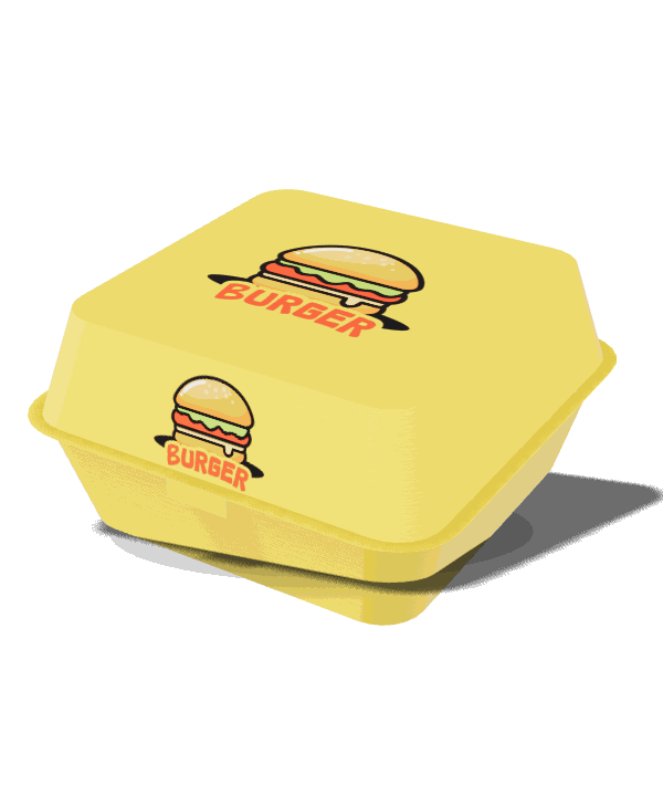 La scatola gialla del burger, chiusa, con il logo Burger sul coperchio